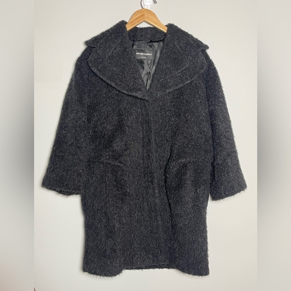 Emporio Armani | Wool Mohair Blend Fuzzy Large Lapel Button Front Coat Dark Gray